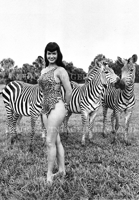 Legendary American model and pin-up queen Betty Page during a photo shoot with zebras in 1954. А00076