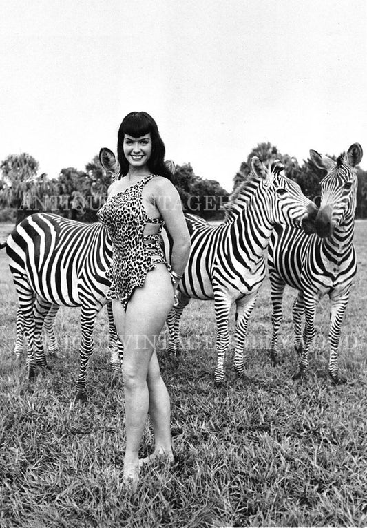 Legendary American model and pin-up queen Betty Page during a photo shoot with zebras in 1954. А00076